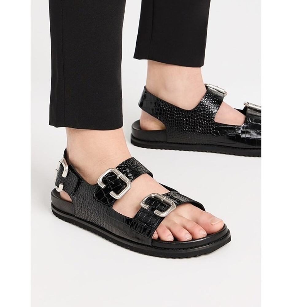 Freda Salvador Piper Leather Sandal Women's 7 Black Croc Pattern Slingback Flat